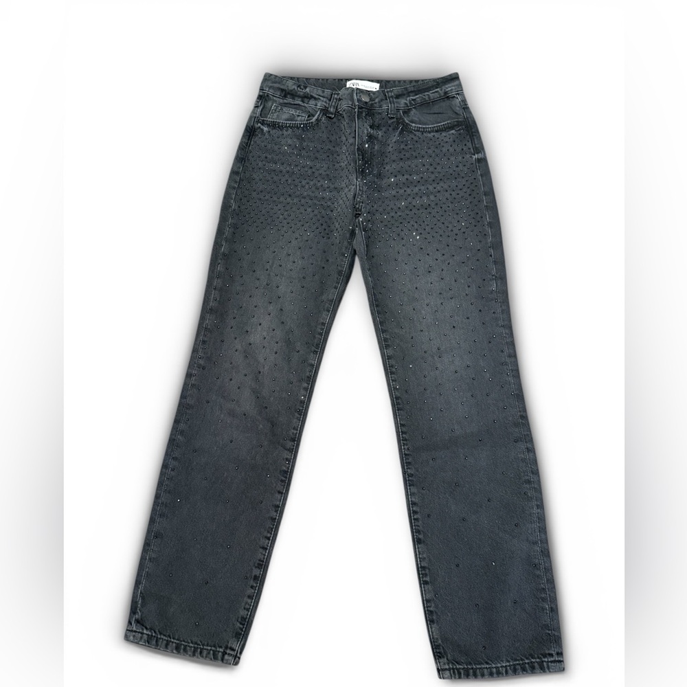 ZARA Black Rhinestone Studded Straight Leg Jeans Glam Grunge Denim Festival